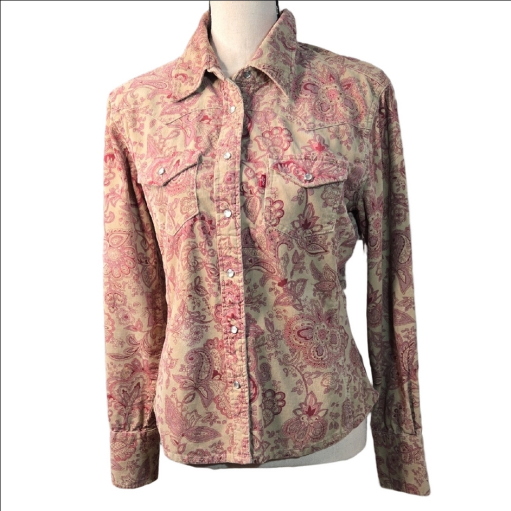 Levi Western Rodeo Corduroy Paisley Pearl-Snap Shirt in Pink and Tan Long Sleeve